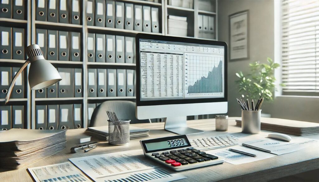 Workspace showing bookkeeping tasks in Bulgaria: computer with financial graph, calculator, and stacked documents.
