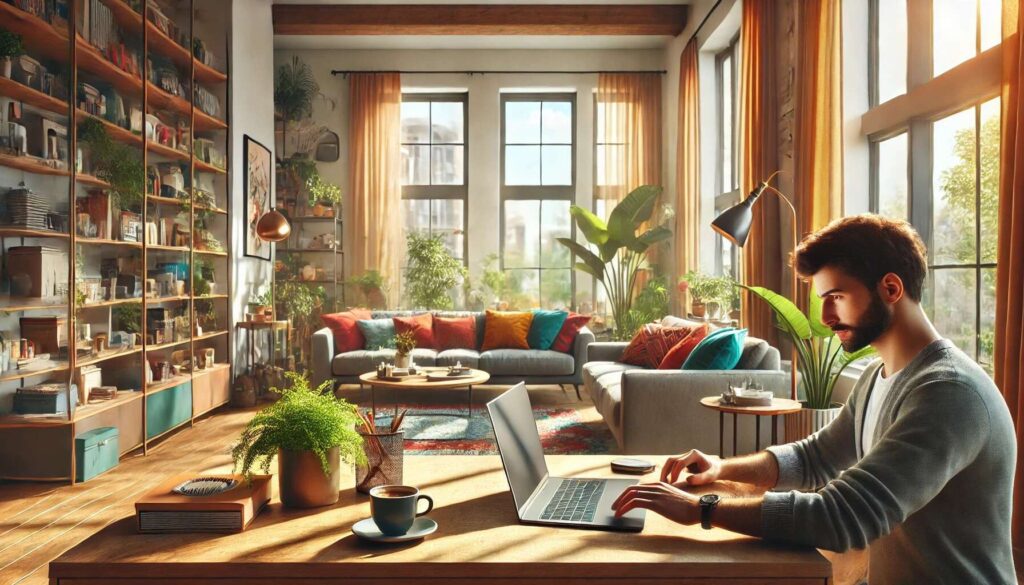 A man is working on a laptop in his cozy living room. He is sitting at a comfortable table, and there is a mug of coffee next to him. The room is filled with natural light, and there are plants and bookshelves in the background, creating a relaxing and productive atmosphere.