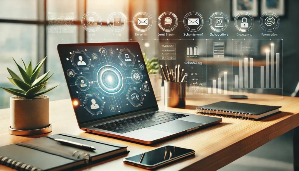 Image of a laptop with virtual assistant service icons, representing tasks like email management, scheduling, and data organization, relevant to virtual assistant services in Sofia, Bulgaria.