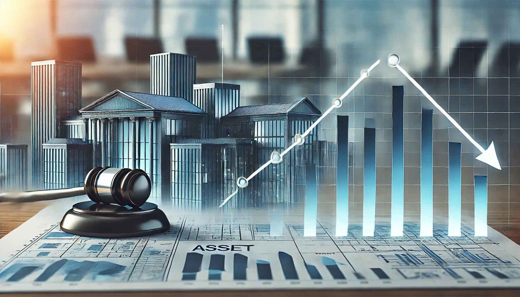 A professional 2:3 landscape illustration of depreciation of assets in Bulgaria. The foreground features a prominent downward-sloping depreciation graph, visually representing asset value decline over time. In the background, slightly out-of-focus office buildings symbolize business assets. The color scheme is modern, with shades of blue and gray, creating a professional and financial-oriented aesthetic.