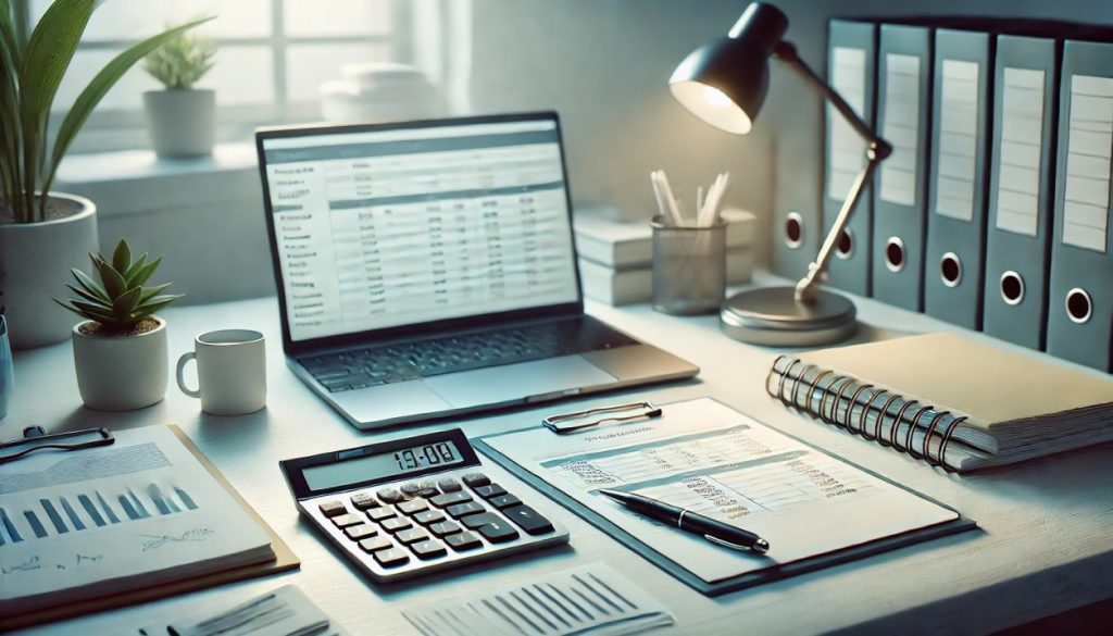 A neatly organized office desk with a calculator, a laptop displaying payroll documents, a notebook, and stacked papers. The setting conveys professionalism and efficiency, representing payroll management in Bulgaria.