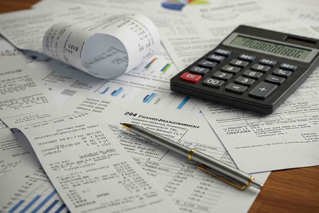 A realistic photograph of a desk filled with financial documents, including invoices, receipts, and tax forms. A calculator and a pen are placed on top of the documents, symbolizing financial planning and accounting. The scene has a professional yet slightly cluttered look, representing real-world business expense management.
