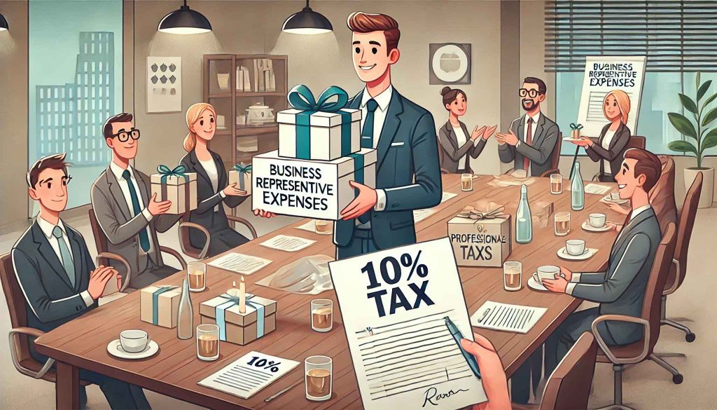A cartoon-style illustration of a corporate setting where a businessperson presents gifts, such as branded merchandise and professional packages, to clients at a meeting table. A document labeled '10% Tax' is visible on the table. In the background, a corporate networking event with simple office decorations and a buffet table is taking place. The scene is neutral, professional, and business-focused.