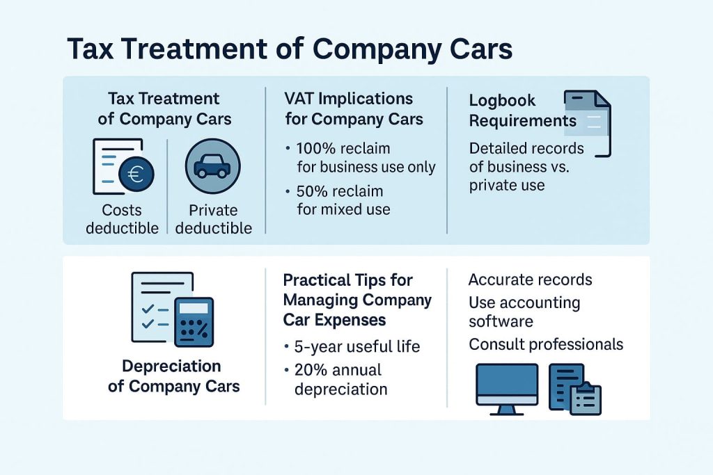 Infograph explaining about tax, VAT, and deductions for company cars in Bulgaria.
