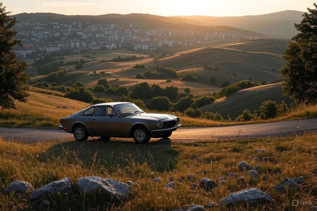Classic car on a scenic road in the Bulgarian countryside at sunset – car registration Bulgaria for EU citizens.
