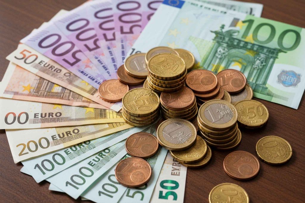 Euro banknotes and coins arranged neatly on a flat surface, featuring denominations of €10, €20, €100, €200, and €500, symbolizing Bulgaria’s 2026 euro adoption and company capital conversion.
