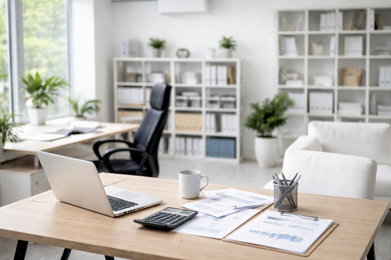 Calm accounting office workspace at Aidos in Sofia, reflecting a structured professional working environment.