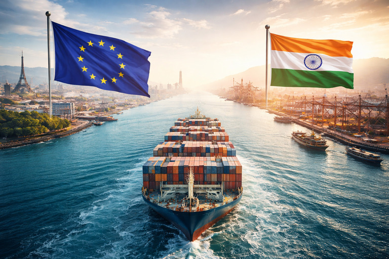 EU–India free trade agreement 2026 – cargo ship linking European and Indian trade routes