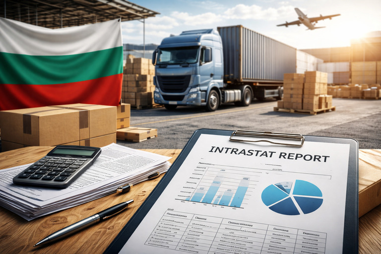 Illustration of Intrastat reporting in Bulgaria, showing EU goods movement, logistics flow, and cross-border trade within the European Union.