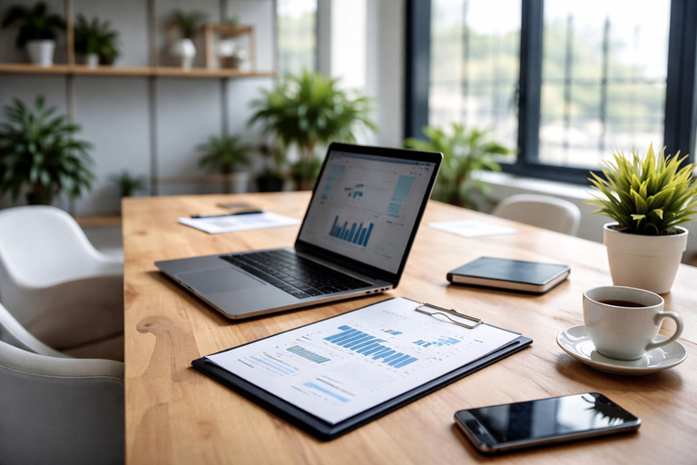 Modern office workspace with laptop and financial reports, representing professional accounting services in Bulgaria