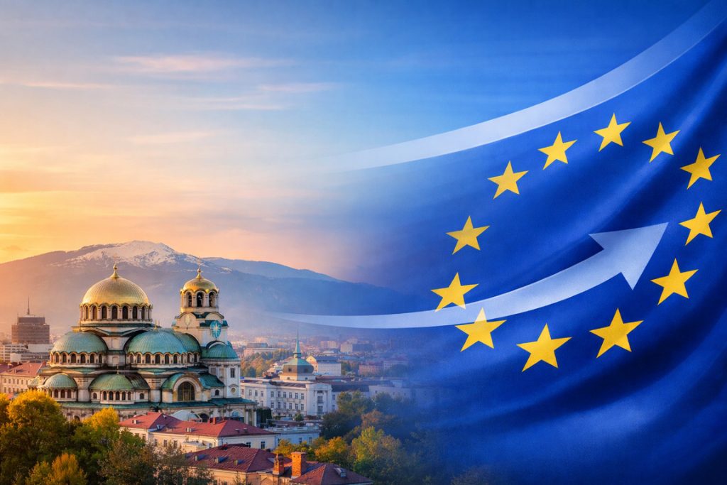Sofia skyline with European Union flag representing VAT changes in Bulgaria from 2026