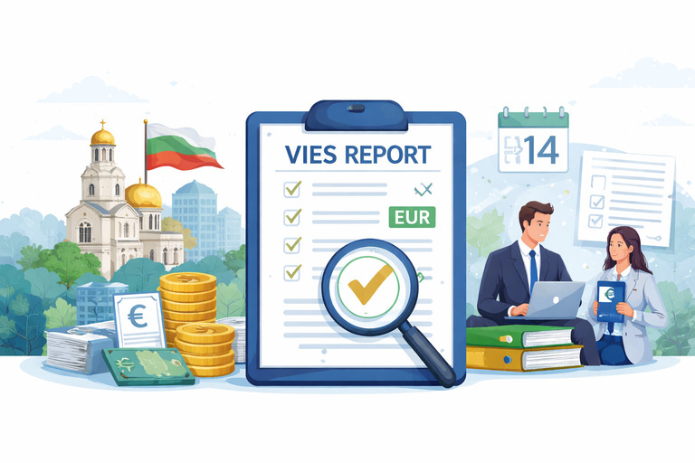 Illustration of EU B2B VAT reporting in Bulgaria, showing a VIES compliance checklist, euro currency symbols, and Bulgarian business context.