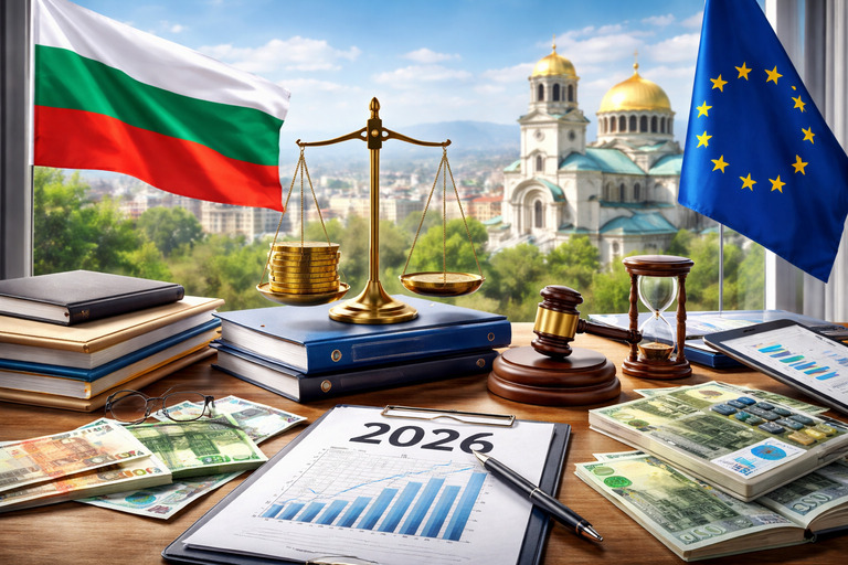 Photo-realistic view of Sofia with financial and legal symbols representing tax, VAT, labour and social security changes in Bulgaria in 2026