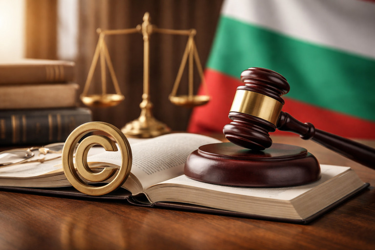 Copyright and intellectual property law in Bulgaria illustrated with legal symbols and national flag.