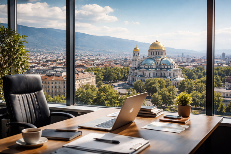 Modern office overlooking Sofia skyline with Alexander Nevsky Cathedral – doing business in Bulgaria practical perspective