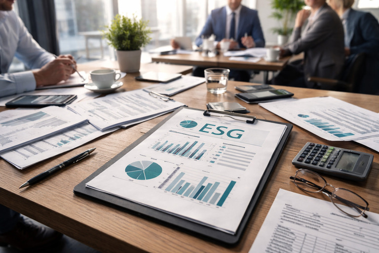 ESG and sustainability compliance for companies in Bulgaria shown through accounting documents and business records on a meeting table