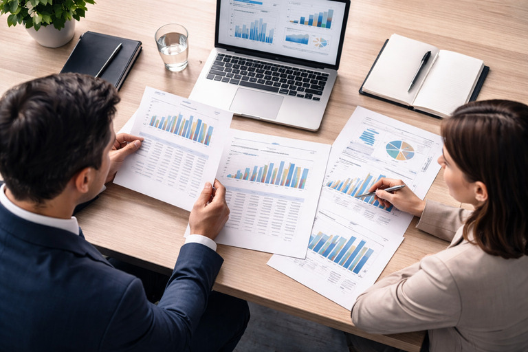Two professionals reviewing salary reports and pay gap analytics in a modern office setting, illustrating EU Pay Transparency Directive compliance in Bulgaria.