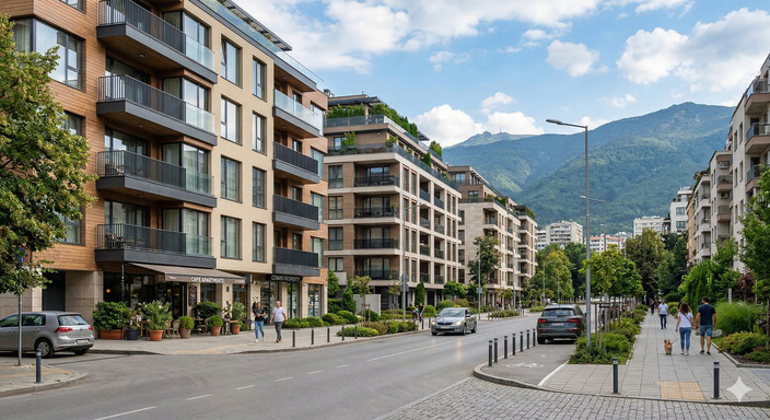Modern residential apartment buildings on a tree-lined street in Sofia, Bulgaria, with Vitosha mountain in the background