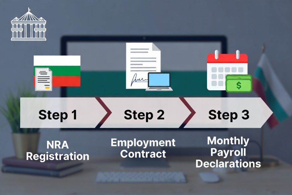 Three-step process for foreign employer registration in Bulgaria: NRA registration, employment contract, monthly payroll declarations.