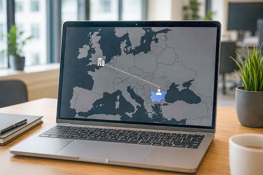 European map on laptop screen showing cross-border employment connection between a foreign employer and a remote worker based in Bulgaria.